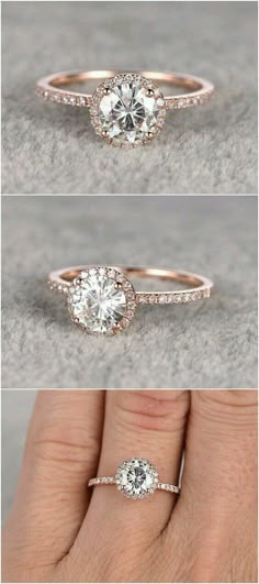 three different views of an engagement ring with diamonds on top and bottom, in white gold