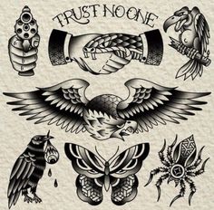 an image of tattoos on paper with the words trust no one and two birds flying above them