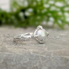 a white pearl ring sitting on top of a stone surface next to green plants and leaves