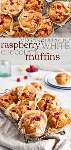 muffins with raspberry and white chocolate are on a cooling rack