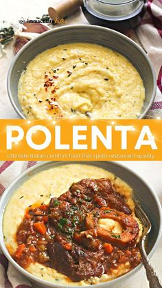 Fuss-free, smooth, cheesy, and creamy POLENTA made with cornmeal, cheeses, milk, and chicken stock. It makes a luscious bed for sautéed vegetables or braised pork, chicken, lamb, beef, or veal. The ultimate Italian comfort food that spells restaurant-quality. Great for regular nights or special holidays, Christmas and all! Pot Roast And Polenta, Ground Beef And Polenta Recipes, Braised Meat Recipes, Polenta Breakfast, Swiss Cheese Recipes, Cheese Polenta, How To Cook Polenta