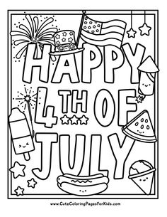 happy fourth of july coloring page with fireworks and stars in the sky, including an american flag