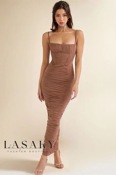 Lasaky - Vintage Square Neck Spaghetti Strap Ruched Bodycon Maxi Dress Elegant Corset, Stylish Midi Dress, Corset Midi Dress, Ruched Maxi Dress, Bodycon Maxi Dresses, Maxi Robes, Dresses Elegant, Sleeveless Maxi Dress, Ruched Dress