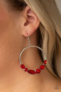 A dramatic collection of round, teardrop, marquise, and oval red rhinestones are encrusted along the bottom of a thick silver hoop for a glamorous flair. Earring attaches to a standard fishhook fitting. Sold as one pair of earrings. P5RE-RDXX-124XX Pink Pantone, Red Hoop Earrings, Paparazzi Accessories Jewelry, Silver Frames, Ball Necklace, Fish Hook Earrings, Ruby Earrings, Rock Stars, Paparazzi Accessories