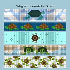 four different cross stitch patterns with turtle and turtle in the water, on blue background