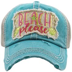 Beach Please Vintage Patch Ladies Hat with Embroidery.  One Size Fits Most, Velcro Adjustable Strap. Distressed Look. Color: Teal Jeep Hair, American Flag Hat, Vintage Style Hat, Distressed Baseball Cap, Mom Hats, Patch Hat, Beach Please, Vintage Patches, Dress Gloves