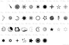 the stars and moon symbols are shown in black on white paper, as well as an image