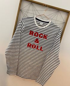 "ABOUT - Super soft tee in a unisex fit - 100% Cotton -Navy & White stripe XS - 34\" size 6/8 S - 36\" size 8/10 M - 40\" size 10/12 L - 44\" size 14/16 XL - 48\" size 16/18 SHIPPING T-shirts are made to order so changes cannot be made once the order has processed.  Shipping is through Royal Mail. T-SHIRT LOVE Wash inside out with a mild detergent on a delicate cycle. Do not tumble dry and do not iron over design. RETURNS As each item is hand made we are unable to accept returns. Refunds will on Trendy Striped Long Sleeve T-shirt, White Long Sleeve T-shirt With Striped Sleeves, Long Sleeve Slogan T-shirt, Long Sleeve T-shirt With Text Print, Trendy Striped Tops With Letter Print, Striped Long Sleeve T-shirt For Fall, White Long Sleeve T-shirt With Contrast Stripes, Casual Long Sleeve T-shirt With Striped Sleeves, Long Sleeve Tops With Contrast Stripes For Spring