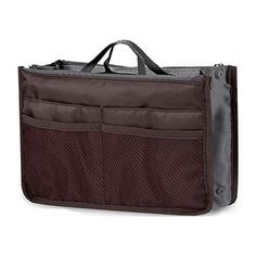 a brown and gray bag with two compartments on the front, one is open to show it