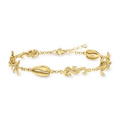 Ross-Simons - 18kt Gold Over Sterling Sea Life Anklet. 9". Here's the perfect beachy accessory. Crafted of textured and polished 18kt yellow gold over sterling silver, this anklet boasts shells, starfish, sea turtles and seahorses. Ideal for all of your summer soirees! Features a 1" extender. Lobster clasp, 18kt gold over sterling sea life anklet. Gold Strand Bracelet With Ocean-inspired Style, Gold Ocean-inspired Starfish Bracelets, Gold Bracelets With Lobster Clasp For Vacation, Gold Bracelet With Lobster Clasp For Vacation, Elegant Starfish Bracelets For Beach, Elegant Gold Anklets For Vacation, Gold Strand Anklets For Vacation, Ocean-inspired Gold Bracelets For Beach Season, Silver Sea