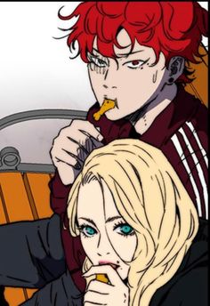 two people sitting next to each other with red hair and blue eyes, one is eating food