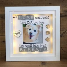 a white frame with a dog's photo on it