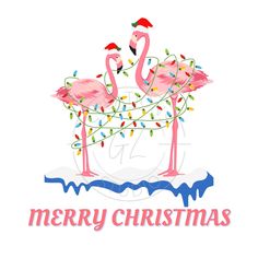 two pink flamingos wearing christmas lights and santa hats are standing in front of the merry christmas