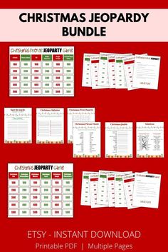 the christmas jeopardy bundle is shown in red and green with text that reads, easy to print