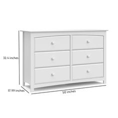 a white dresser with drawers and measurements