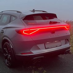 the rear end of a silver car with its lights turned on in front of some grass and bushes