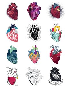 an assortment of heart stickers on a white background