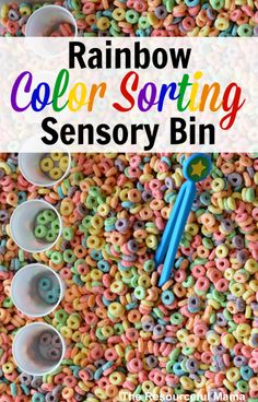 rainbow colored sprinkles and spoons with the words rainbow color sorting on them