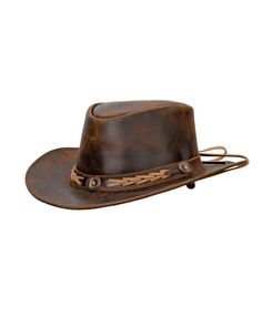 For leather with a rugged vintage feel look no further than our Ridge Hat. Made from a weathered brown top grain leather the Ridge is accented with a braided band and bronze accent. Leather Hat, Leather Hats, Brown Top, Trading Company, Top Grain Leather, Grain, Band, Hats, Leather