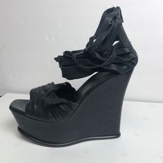 Vera Wang Lavendar Label Platform Black Leather Multistrap Sandals. Platform Back 5.5”, Front 2” Supertall. These Were Runway Shoes, And Have Some Scuff Marks On The Platforms From Being Tossed Around In Storage For A While, So I’m Not Listing New With Tags, But Otherwise New Condition. Zip Back. Size 9.5. Super Statement Shoes! Will Consider All Reasonable Offers! High Heel Synthetic Strap Wedge Sandals, Synthetic High Heel Wedge Sandals With Strap, Wedge Sandals With Strap And Closed Toe, Closed Toe Wedge Sandals With Strap, Chic Strapped Synthetic Sandals, Summer Leather Heels With 4-inch Heel, Chic Strapped Sandals For Summer, Synthetic Wedge Heels With Strap, Evening Closed Toe Wedge Sandals With Buckle