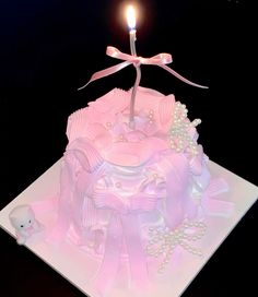 a birthday cake with a lit candle on top