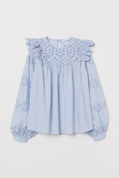 Blouse with Cutwork Embroidery - Light blue - Ladies | H&M US 1 Boho Mode, Cutwork Embroidery, Muslim Fashion Outfits, Designs For Dresses, Designer Dresses Indian, Kurta Designs, Girls Fashion Clothes, Cut Work, Woven Cotton