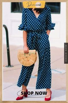 Polka Dot Hlaf Sleeve Jumpsuit Polka Dot Jumpsuit, Jumpsuit With Sleeves, The Navy, Summer Day, I Love It, Hot Summer, Navy And White, Love It, Ruffles