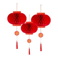 three red paper lanterns with tassels hanging from the ceiling, on a white background