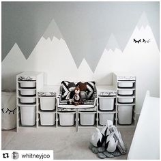 a room with mountains painted on the wall and white storage containers in front of it