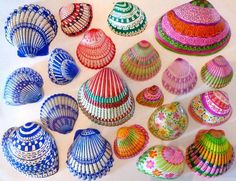 many colorful shells are arranged on the table