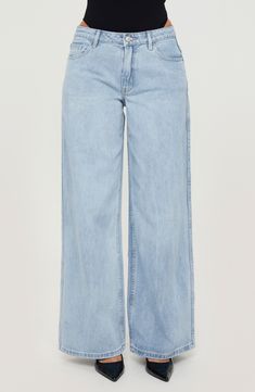 Flaunt vintage vibes in these light-wash nonstretch jeans featuring a low-rise waist and full-length wide legs. 31" inseam; 25" leg opening; 10 1/2" front rise; 14" back rise (size 8) Zip fly with button closure Five-pocket style 70% cotton, 15% viscose, 15% polyester Machine wash, line dry Imported Casual Light Wash Flare Jeans, Classic Faded Wide Leg Bottoms, Classic Light Wash Pants For Spring, Everyday Medium Wash Full-length Flare Jeans, Everyday Medium Wash Full Length Flare Jeans, Spring Full Length Flare Jeans In Rigid Denim, Faded Bottoms With Standard Cut Leg For Spring, Spring Faded Bottoms With Standard Cut Leg, Spring Full Length Rigid Denim Flare Jeans