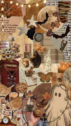 a collage of various items that include books, clocks and other things to make it look like an image