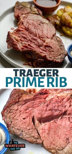 a plate with some meat on it and the words traeger prime rib above it