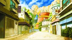 an anime street scene with buildings and trees