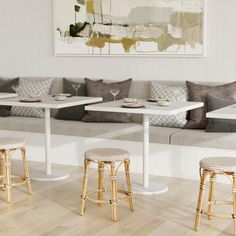 an empty restaurant with tables and stools in front of the couches on the floor