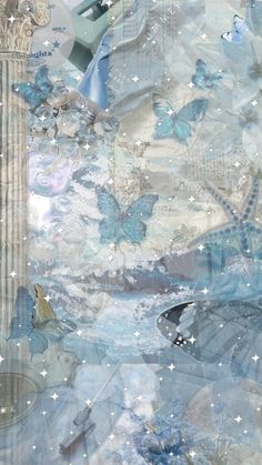 an artistic painting with blue and white butterflies