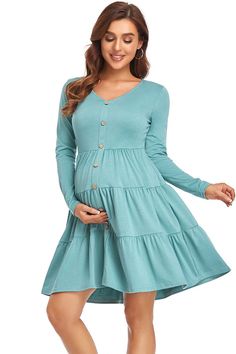 A fashion solid-color buttoned maternity short dress is a must-have! With super soft fabric, this pregnancy dress is the perfect blend of comfort and style. Designed for wear throughout all stages of pregnancy and beyond! It hugs all the right places and still leaves a smooth, flattering appearance! A perfect layering basic. A perfect layering piece, and a popular choice for a casual or date night. Content + Care Neckline: V-Neckline. Pattern Type: Solid Color. Sleeve: Long Sleeves. Season: Spri Maternity Short Dress, Neckline Pattern, Stages Of Pregnancy, Long Sleeve Maternity Dress, Pregnancy Dress, Cake Dress, Maternity Dresses For Photoshoot, Growing Belly, Maternity Maxi