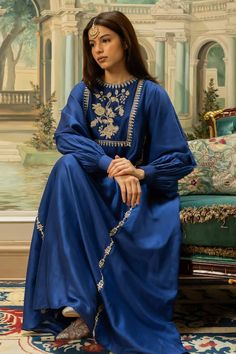 Electric blue chiniya silk kurta with anar motifs, mirror and zari hand embroidery. Comes with pant. - Aza Fashions Paulmi And Harsh, Nyc Studio, Silk Kurta, Western Wedding, Wedding Service, Short Suit, Kurta Set, Pants Pattern, Bride Bridal