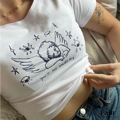 Simplicity Angel Print Short Sleeve Shirt - Vintage Cropped Top Fashion Angels, Korean Fashion Summer, Aesthetic Streetwear, Lino Cut, Angel Print, Vintage Crop Tops, Cartoon Outfits, Collars For Women, Print Crop Tops