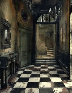 an old hallway with black and white checkered flooring, chandelier and fireplace