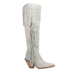 Step into the wild west with Dingo's Sky High boots. Crafted from genuine leather, these boots feature a fringe-adorned shaft measuring 20" for a striking look. With a 3.5" heel height and snip toe, they offer both style and comfort. The boots also include a comfort insole, ensuring all-day wearability. Embrace your inner cowgirl with these fabulous statement boots. Size: 11.  Color: Off-White.  Gender: female.  Age Group: adult. Dingo Boots, Bohemian Cowgirl, High Leather Boots, Womens Chunky Heels, The Wild West, Fringe Boots, Into The Wild, Modern Wardrobe, Boots Knee