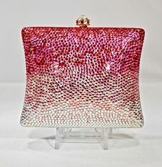 Striking Blushing Bride. The graduated shades of clear, lite pink to hot pink, to the                                                                    fiery red crystals is spectacular! DISCOUNTED SHIPPING!!  BUY DIRECT at ROCK BOTTOM FACTORY PRICING!   Get this F-A-S-T! In Stock in USA, Ready immediately! Will reach you in just days!   This is a brand new, never used, evening bag fully covered in genuine very fine, small sized Swarovski Crystals from Austria! The bag is covered in both sides Pink Embellished Rectangular Evening Bag, Luxury Pink Evening Bag With Rhinestones, Rectangular Pink Bags With Rhinestones, Luxury Pink Rhinestone Evening Bag, Pink Rectangular Rhinestone Bags, Red Clutch Purse, Square Purse, Purse Pink, Red Clutch