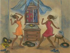 two women dancing in front of an old record player