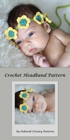 a baby laying on top of a white blanket wearing a crochet headband pattern