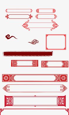 a set of red and white frames with ornate designs on them, all in different styles