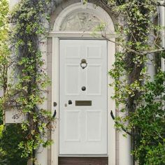 a white front door surrounded by greenery