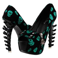 Skullcandy heels, discreet, and ultra original pair of heels! These skull candy heels are discreet, cute and ultra original ! for girls who have a good and unique taste! You can appreciate all these candy skulls of green water that remind you of these beautiful days in front of the sea where the wind draws all these shades of blue and green in perfect harmonious dance. If you're a pretty light-eyed mixed-race girl, a blonde or even a redhead, the color of these skulls will go perfectly with your Skull Heels, Green Skull, High Heel Dress Shoes, Dr Shoes, High Heel Dress, Suede High Heels, Peep Toe Shoes, Skull Head, Black Skulls