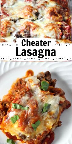 two different pictures of lasagna with meat and cheese on top, one is in the