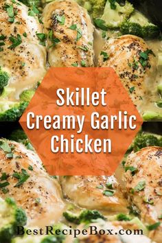 skillet creamy garlic chicken with broccoli and parsley