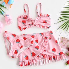 Bathing Suit Skirt, Baby Swimwear, Swimsuits Outfits, Beach Skirt, Strawberry Print, Cute Bikinis